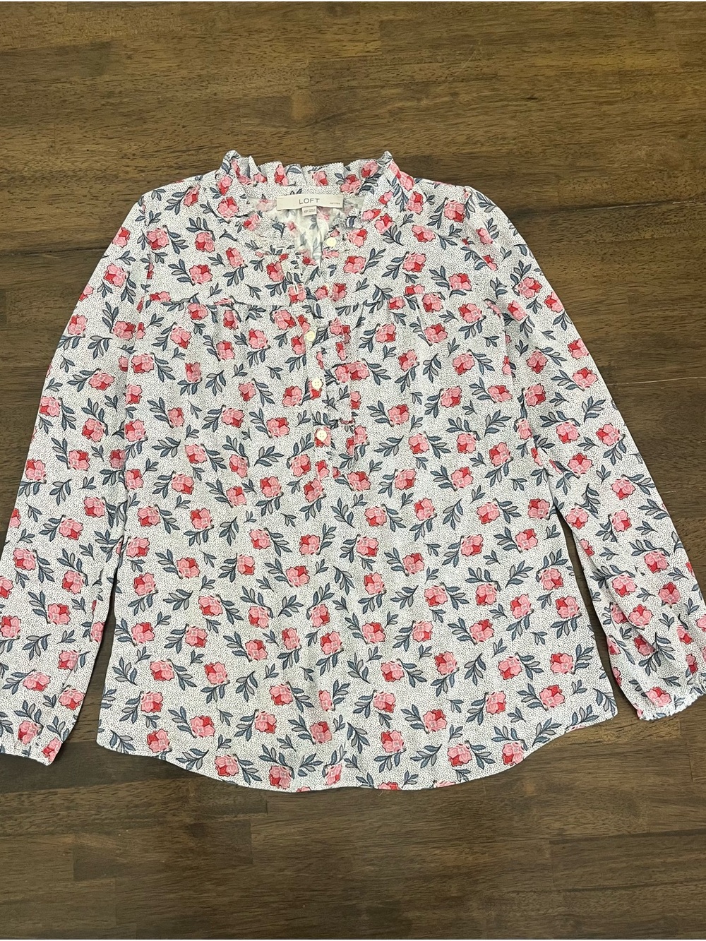LOFT White Floral Ruffle Henley Mixed Media Blouse with Pink Flowers Sz XSP Top - Picture 2 of 8